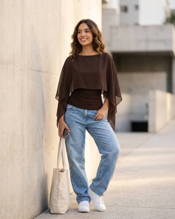 Blusa marrom com capa esvoaçante em imagem criada pelo IACOM no estilo Lifestyle Social Media Externo, a partir de uma foto de celular